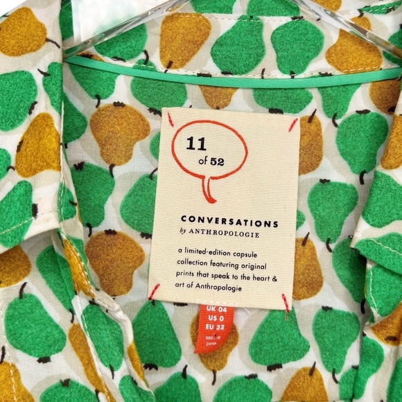 Anthropologie Conversations Pear Print Women’s Summer Button Front Shirt Sz 0 - Picture 4 of 12